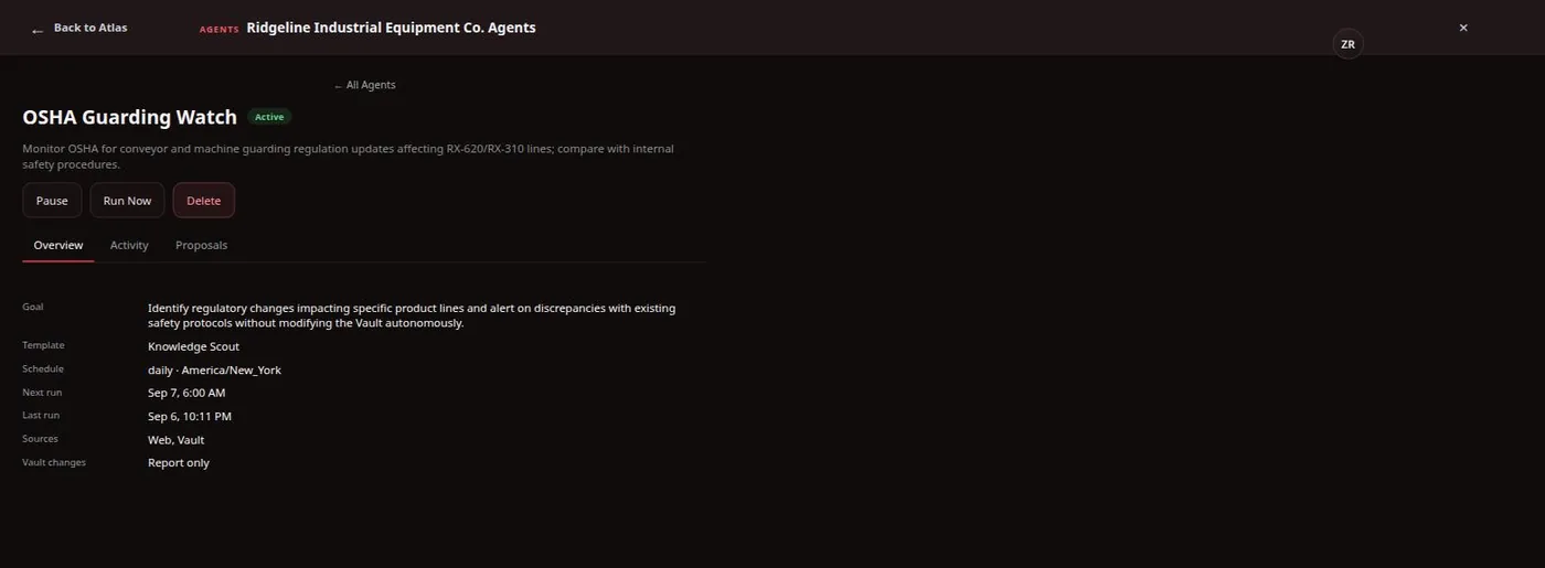 A real Atlas Agent, configured to monitor regulatory changes on a daily schedule