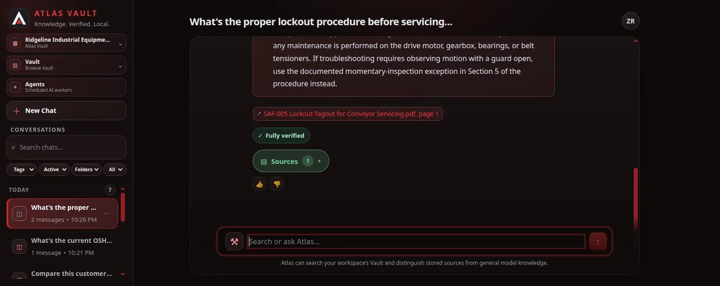 Atlas answer with a citation to a company safety procedure and a verified badge