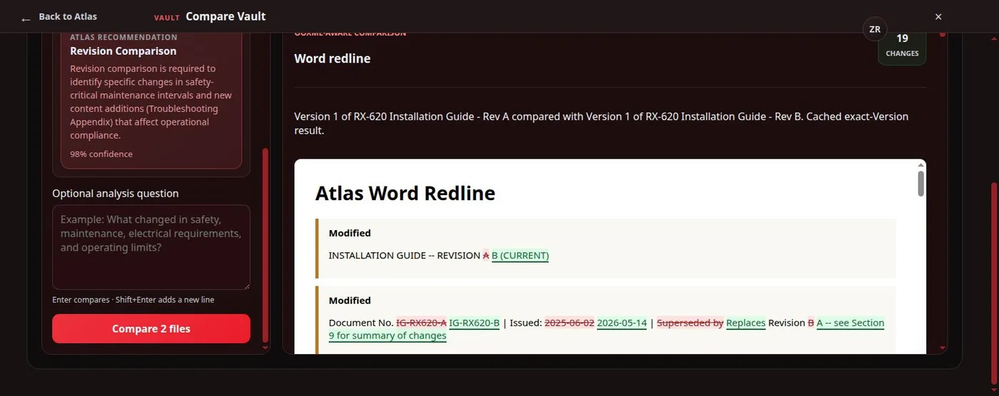 Atlas Document Compare showing a redline between two revisions