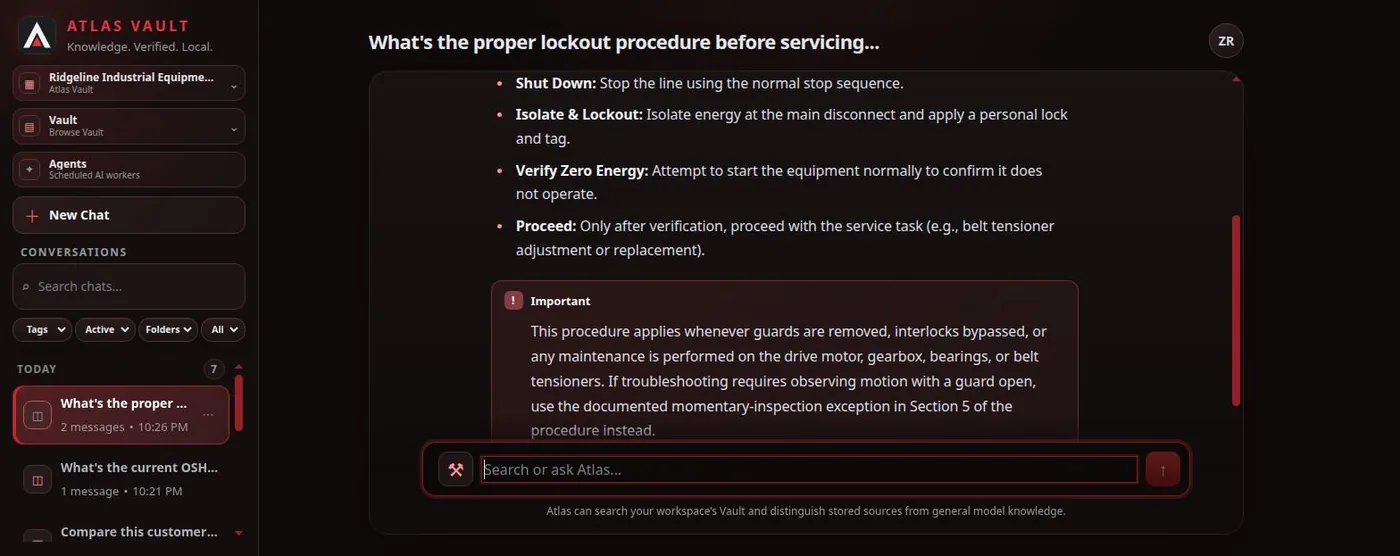 Atlas answering a company-knowledge question with a cited source, shown in the real Atlas Vault application