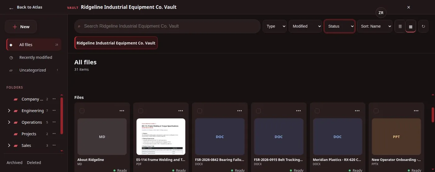 Atlas Vault grid view showing company folders and documents
